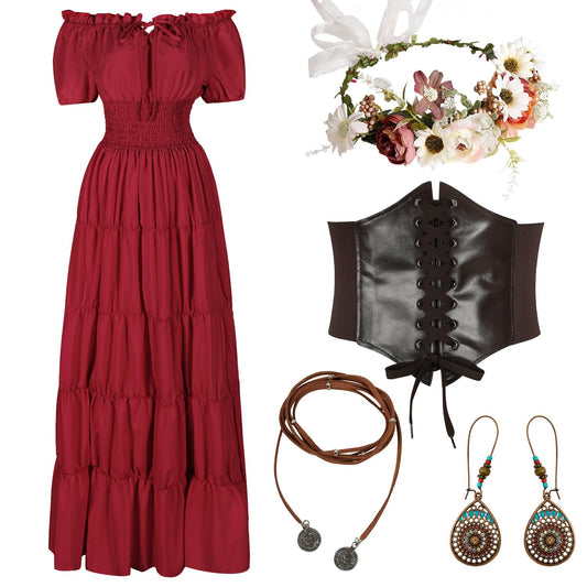 HSDOU 5 Pcs Renaissance Medieval Costume Dress Women Fairy Dress Peasant Cottagecore Dress 1700s Victorian Fantasy Fairy Costume(Z3768RDXL)